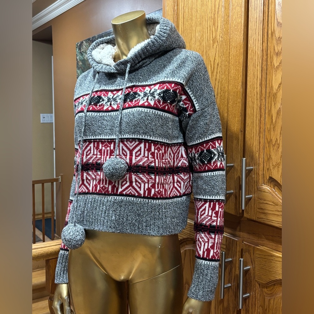 Youth Cozy Grey and Red Fair Isle Hooded Sweater with Pom-Pom Drawstrings - Picture 2 of 7